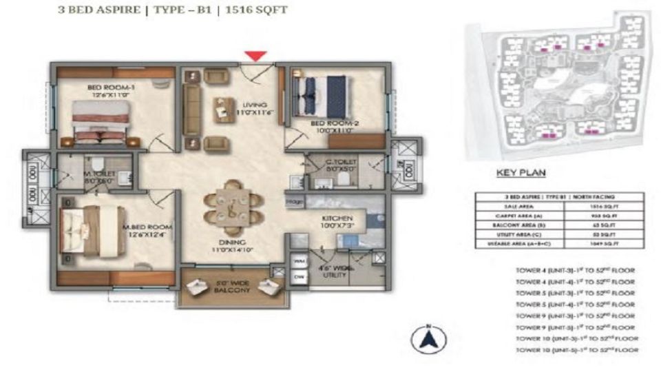 3 BHK Floor Plan at Prestige Golden Grove